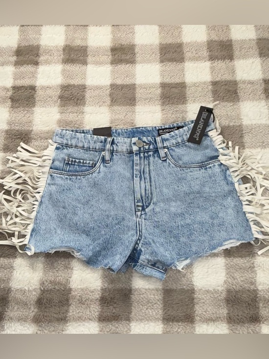 Blank NYC Pants - Blank NYC Light Blue Acid-Wash Denim Cutoff Shorts with Fringe